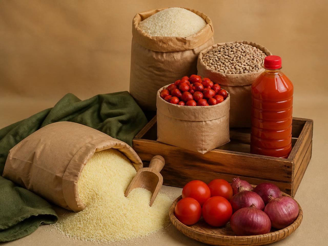 Sacks of rice, beans, garri, palm oil and fresh produce in a wooden crate